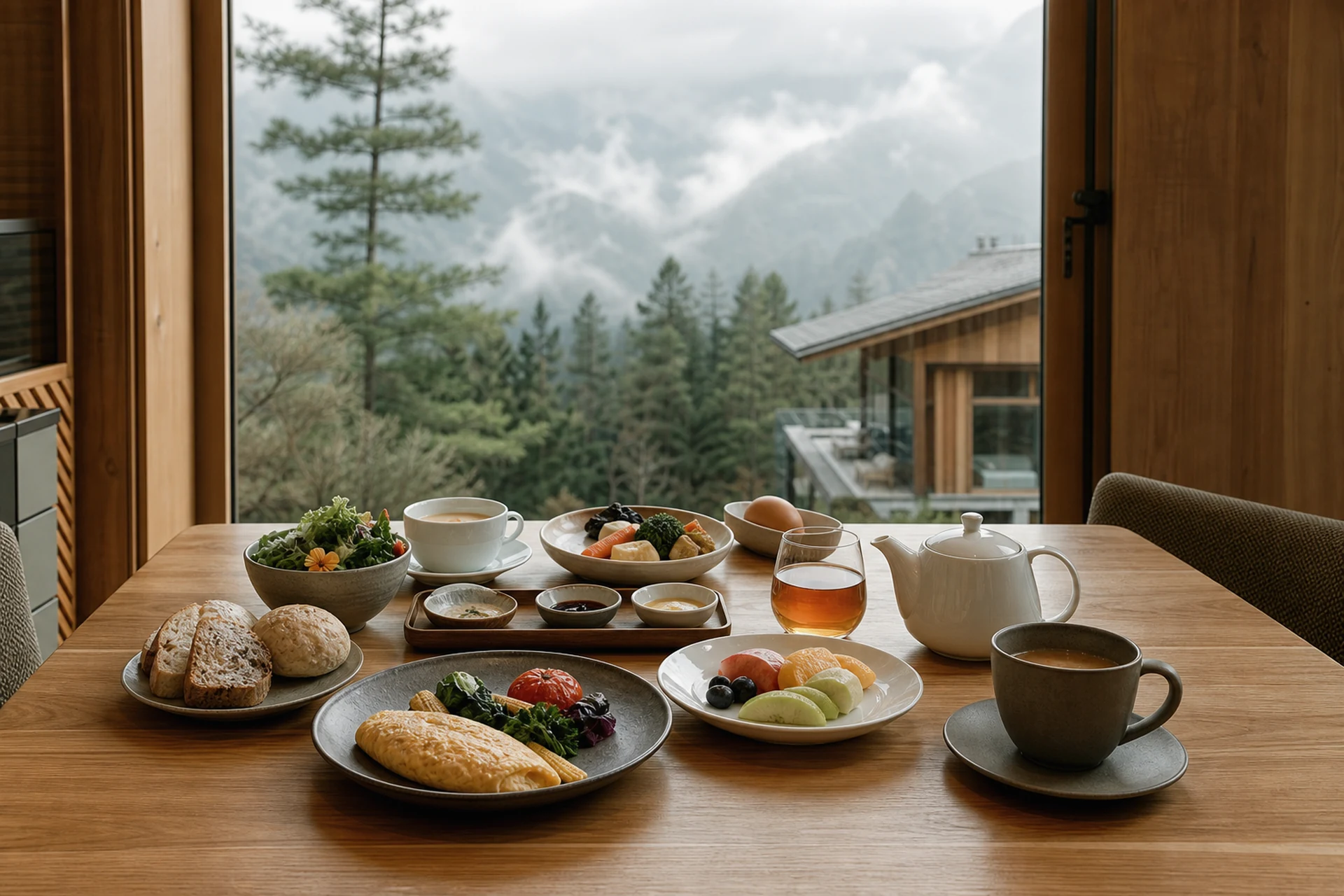 以在地食材準備的山居晨間早餐