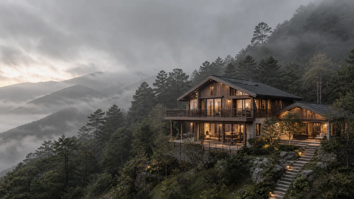 晨霧籠罩的山居露台與遠山