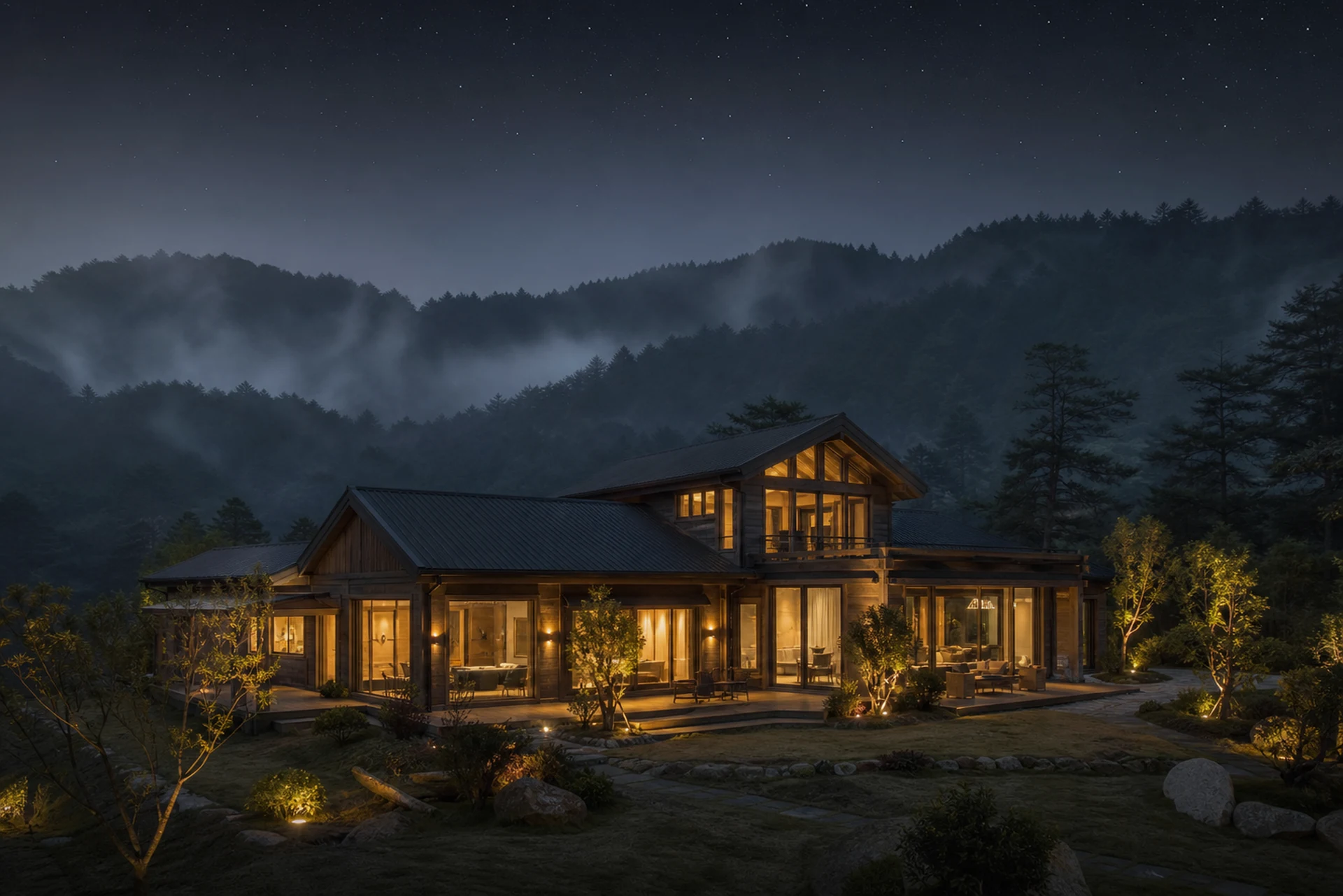 夜色與薄霧中的白露山居建築
