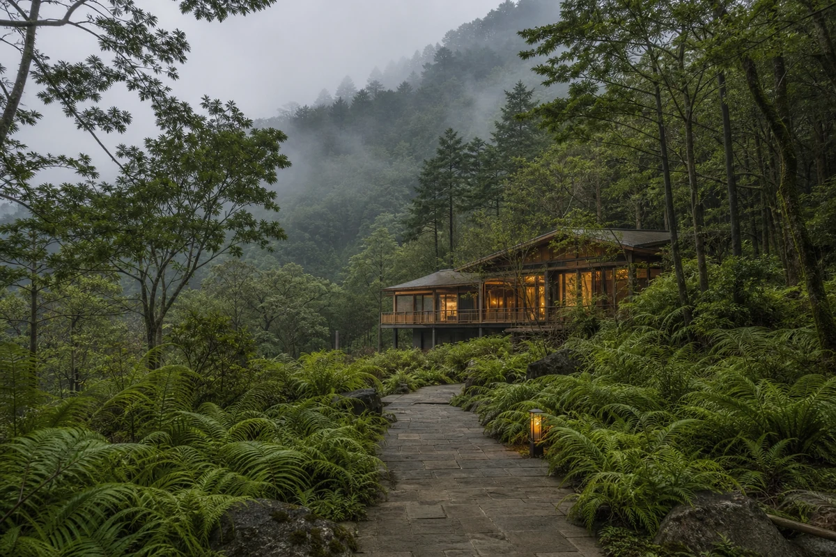 通往白露山居的松林石板步道