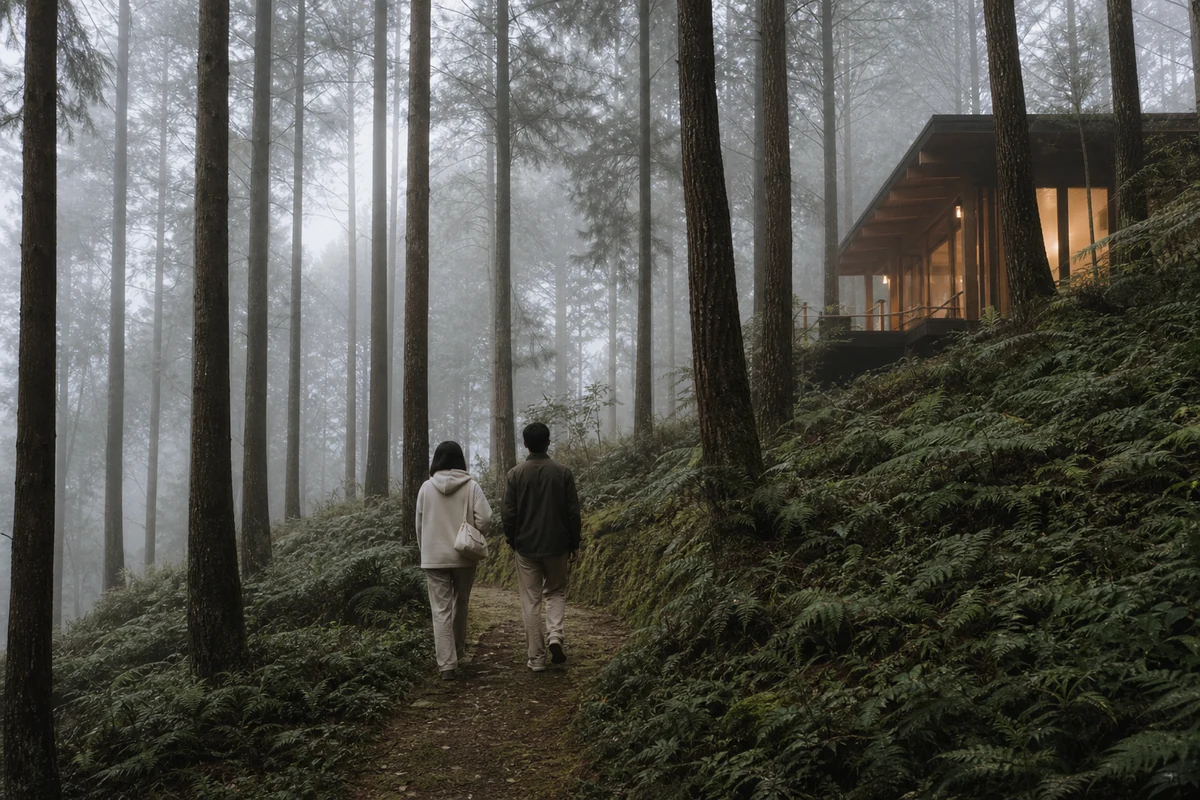 晨霧山徑：旅人漫步於薄霧松林步道