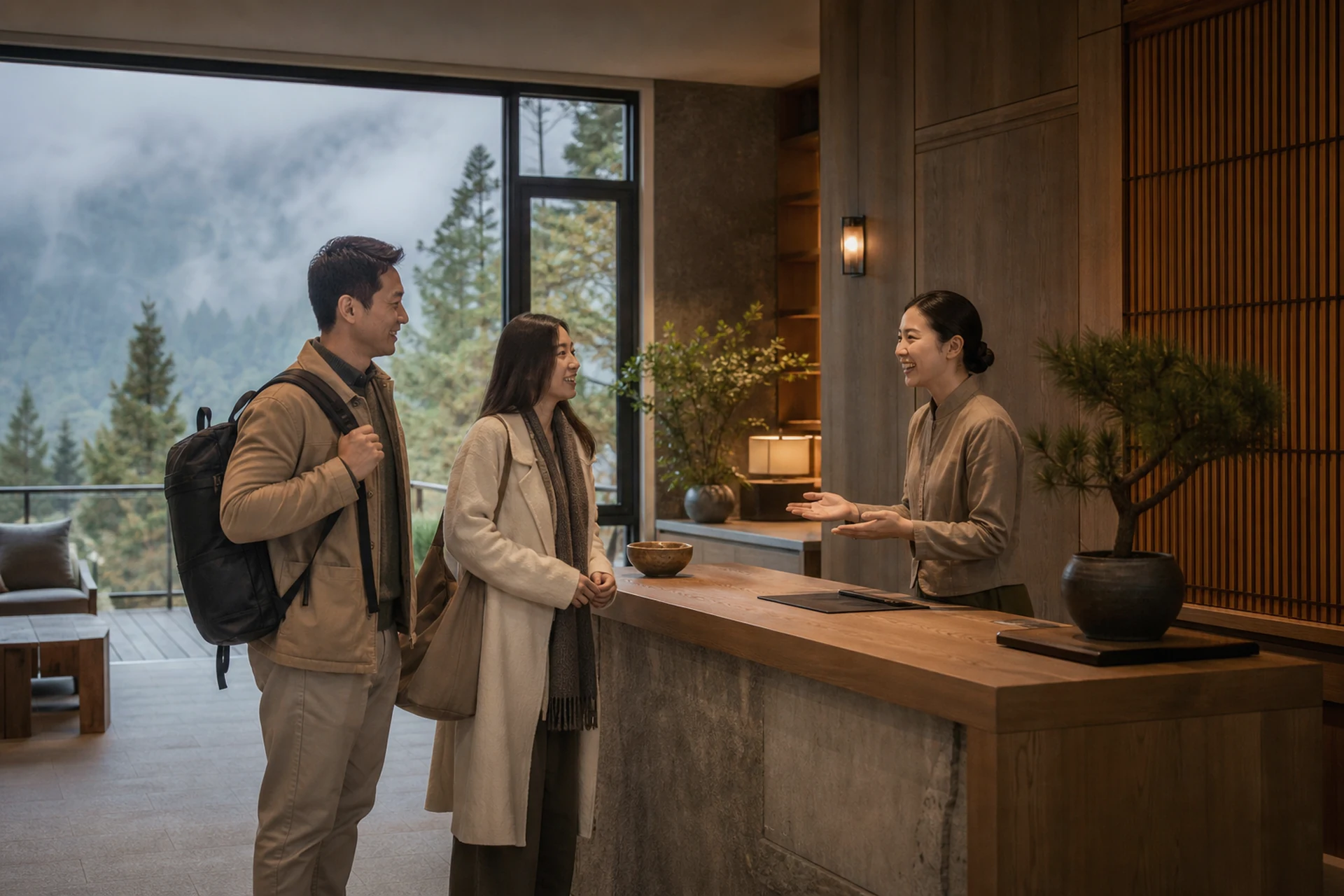 山居主人在木屋入口自然迎接旅人