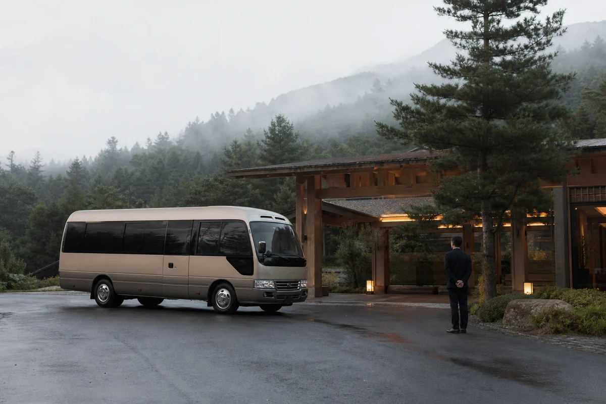 抵達白露山居：山居接駁車停靠於松林入口