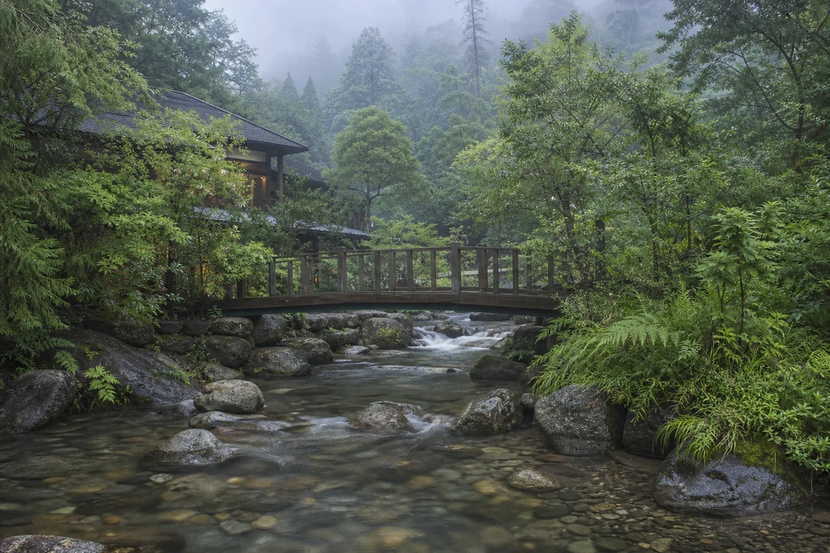 山林間流動的清澈溪水