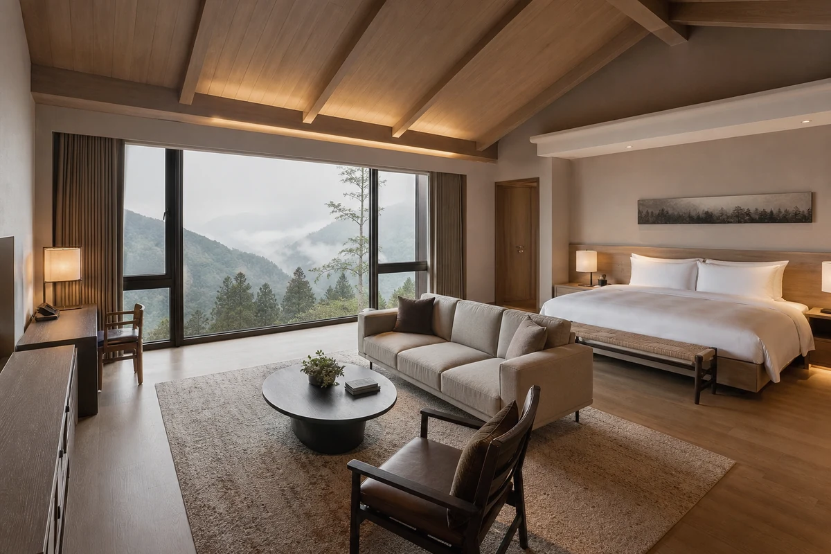 頂層景觀套房：峰景套房的寬敞臥室與山景
