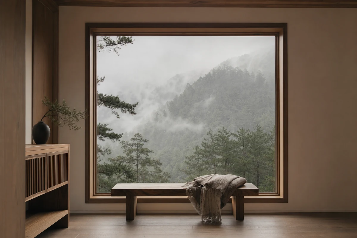 怡安的旅宿回憶：木框窗前的山林光影與座椅