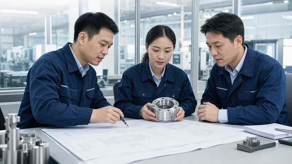 工程團隊共同檢視加工圖面與精密零件